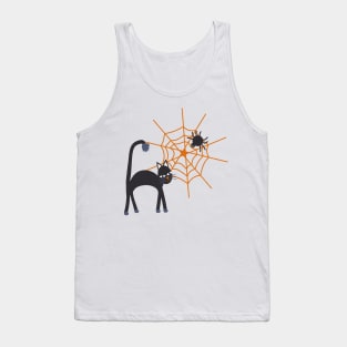 Spookily cute cats, spiders and cobwebs for Halloween in bold orange and darkest charcoal Tank Top